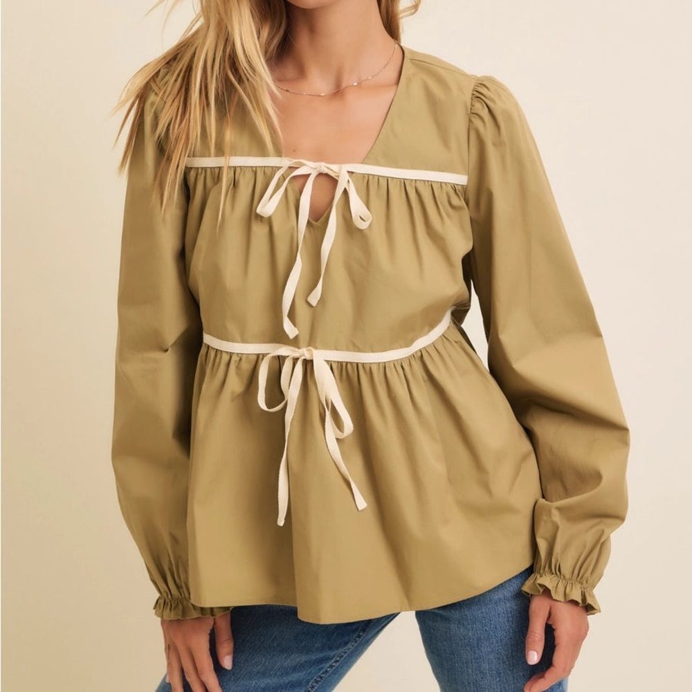 In February Boutique Tan & Cream Olivia Front Tie Pioneer Boho Blouse Top